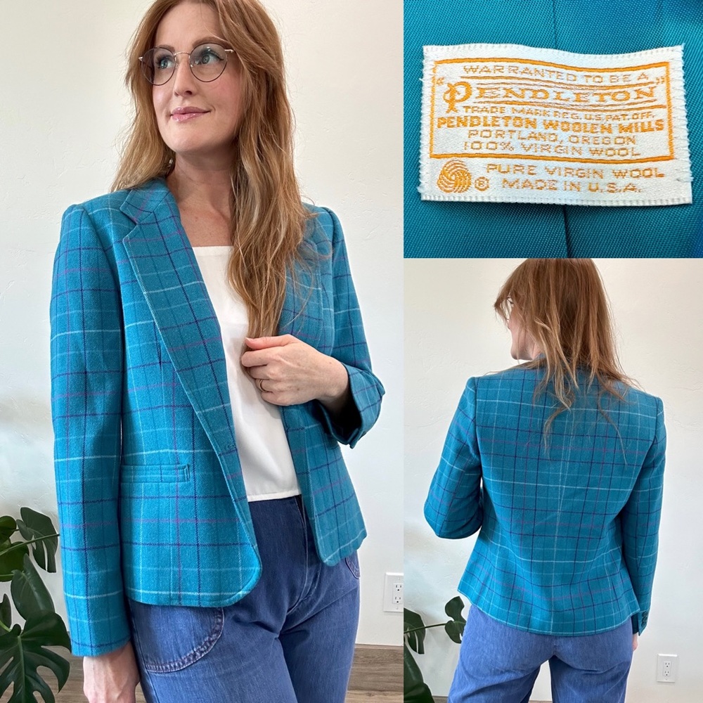 Vintage 80's Pendleton 100% Wool Teal Blue Checker Print Blazer Jacket Fits S-M